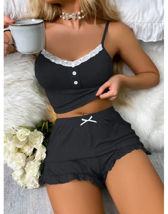 Siyah Likralı Düğmeli Yumuşacık 2li Pijama Takımı