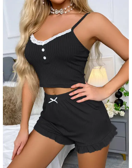 Siyah Likralı Düğmeli Yumuşacık 2li Pijama Takımı