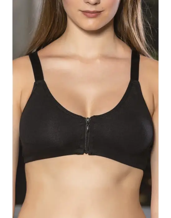 Siyah Önden Fermuarlı Pamuklu Sütyen,günlük Ve Medikal Kullanım İçin, Kadın İç Giyim