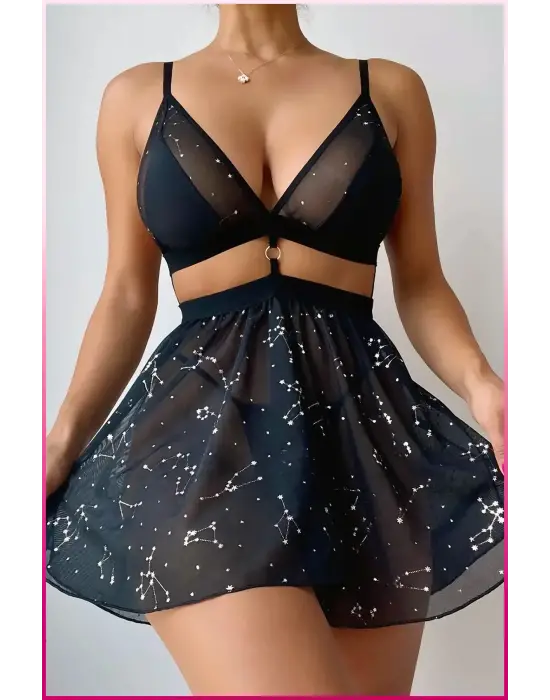 Siyah Parlak Yıldızlı Kadın Etekli Fantazi Kostüm