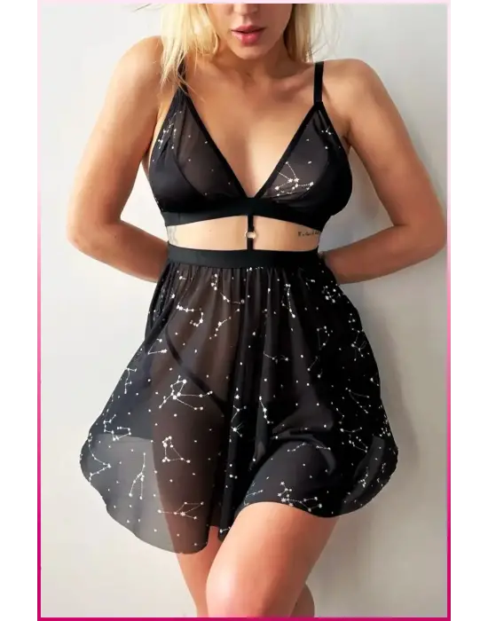 Siyah Parlak Yıldızlı Kadın Etekli Fantazi Kostüm