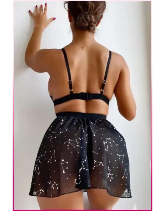 Siyah Parlak Yıldızlı Kadın Etekli Fantazi Kostüm