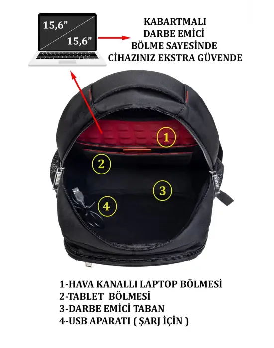 Siyah Sportif Darbe Emici Su Geçirmez 14-16 inç Laptop Sırt Çantası