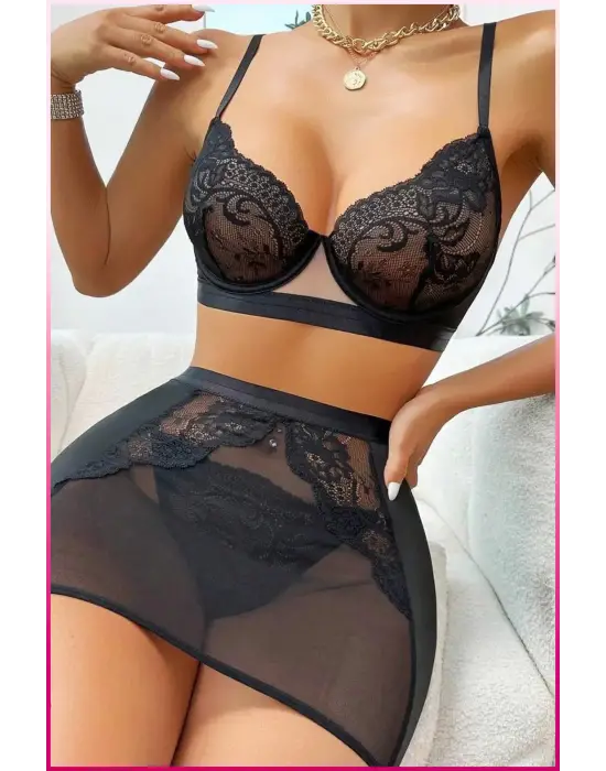 Siyah Tül Etekli Göğüs Balenli Seksi Fantazi Kostüm