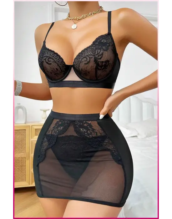 Siyah Tül Etekli Göğüs Balenli Seksi Fantazi Kostüm