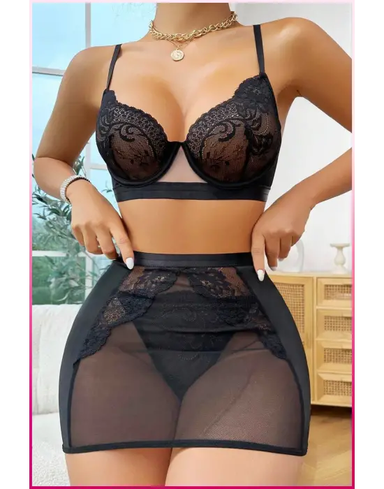 Siyah Tül Etekli Göğüs Balenli Seksi Fantazi Kostüm