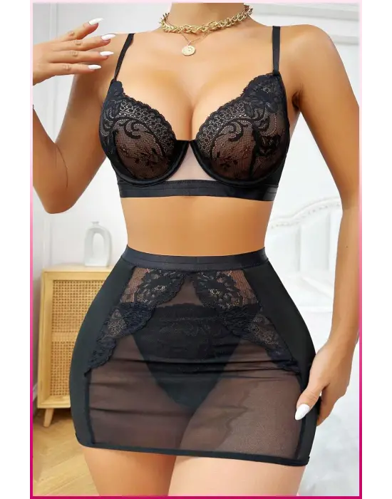 Siyah Tül Etekli Göğüs Balenli Seksi Fantazi Kostüm