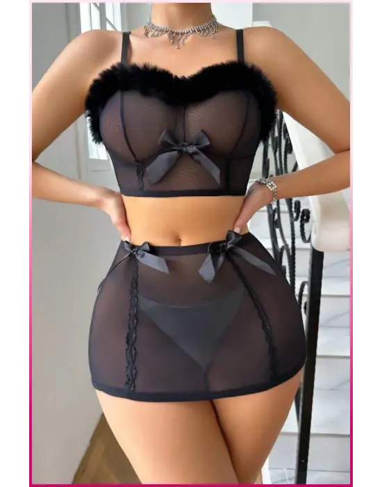 Siyah Tül Kurdele Detaylı Seksi İç Giyim Seti