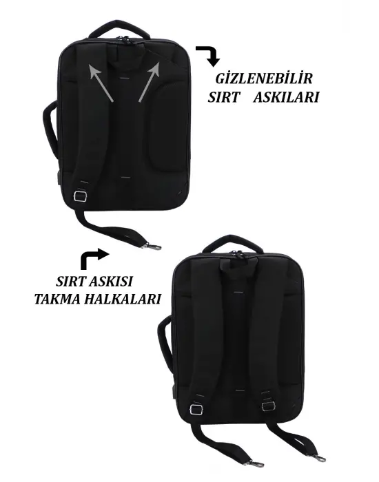 Siyah USB Aparatlı Fonksiyonel 15,6 inç Laptop Sırt Çantası