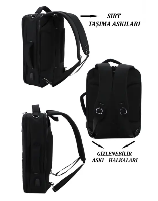 Siyah USB Aparatlı Fonksiyonel 15,6 inç Laptop Sırt Çantası