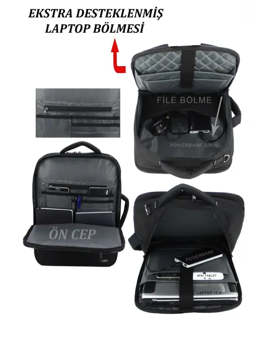 Siyah USB Aparatlı Fonksiyonel 15,6 inç Laptop Sırt Çantası