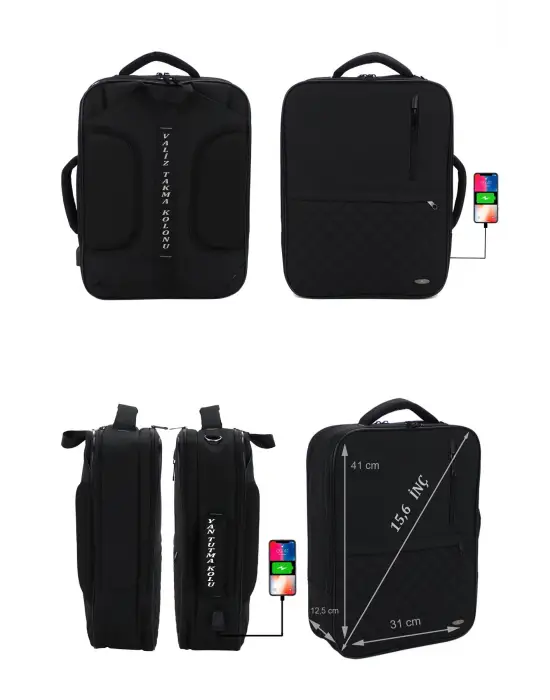 Siyah USB Aparatlı Fonksiyonel 15,6 inç Laptop Sırt Çantası