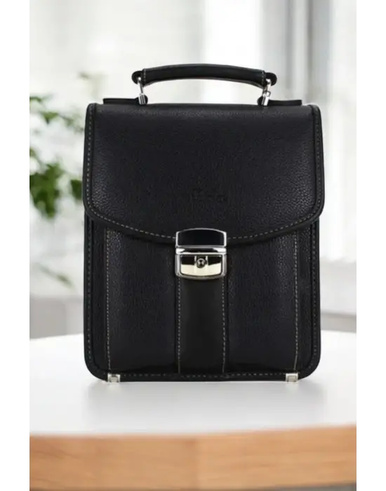 Siyah Vintage Tarz Erkek Suni Deri Omuz ve El Çantası