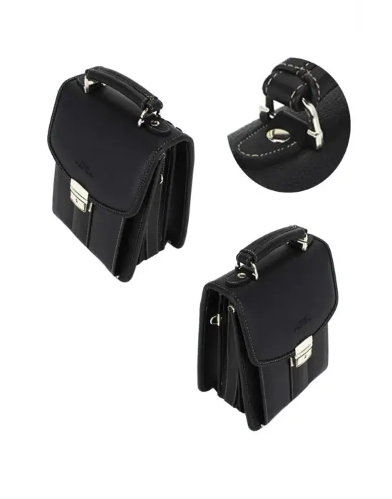 Siyah Vintage Tarz Erkek Suni Deri Omuz ve El Çantası