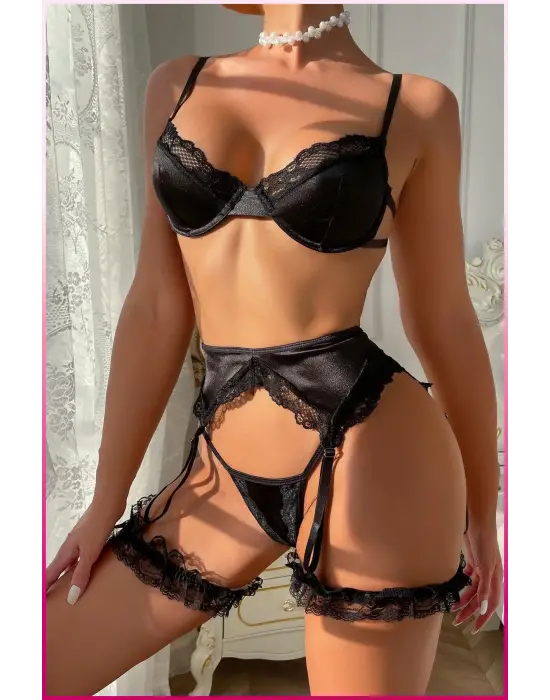 Siyah Zarif Saten Balenli Kadın Jartiyer Takım