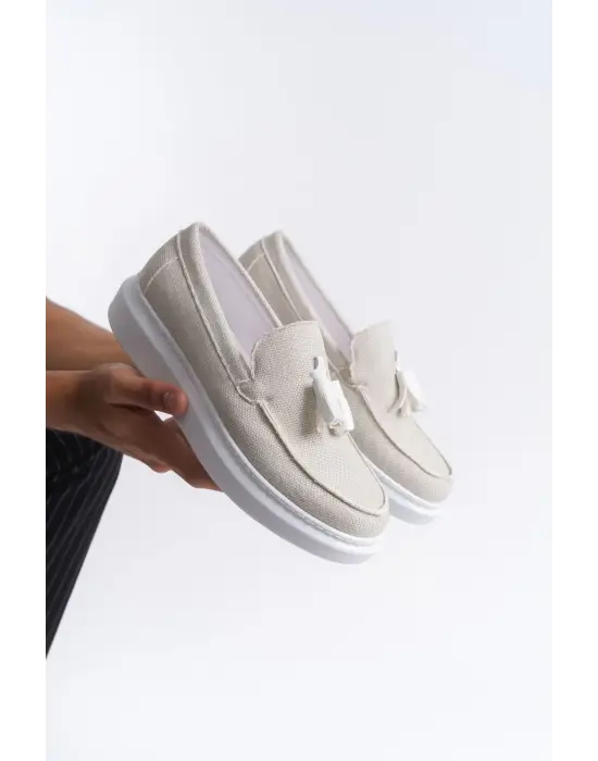 Tb154 Blaze Bağcıksız Püsküllü Keten Erkek Günlük Spor Klasik Ayakkabı Kbt - Beyaz