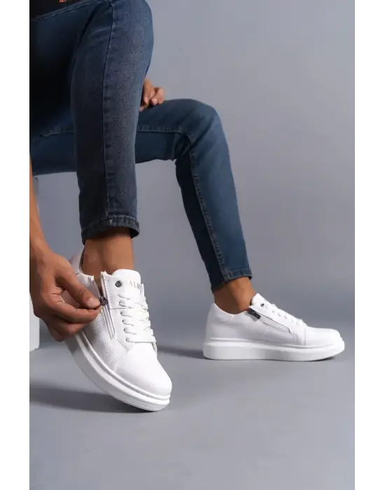 Warrior Bağcıklı ve Fermuarlı Cilt Erkek Günlük Sneaker Beyaz Ayakkabı