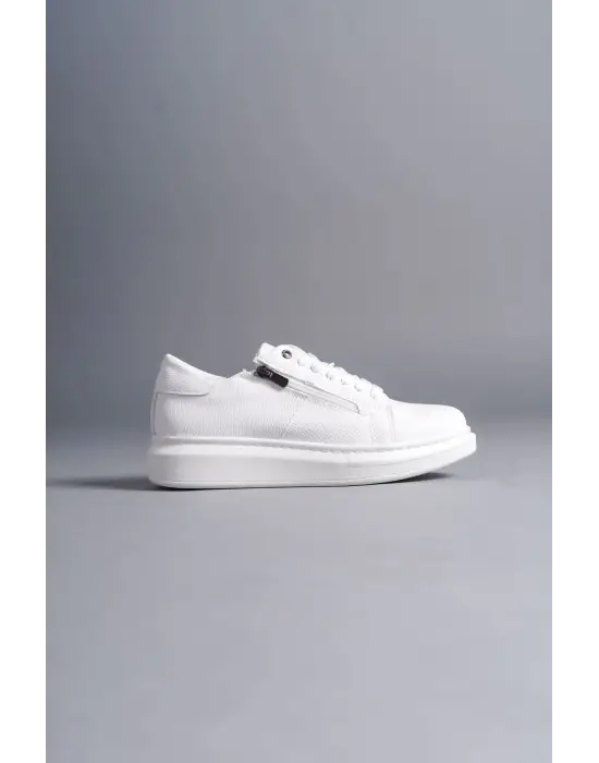 Warrior Bağcıklı ve Fermuarlı Cilt Erkek Günlük Sneaker Beyaz Ayakkabı