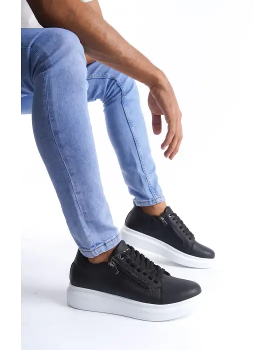 Warrior Bağcıklı ve Fermuarlı Cilt Erkek Günlük Sneaker Siyah Ayakkabı