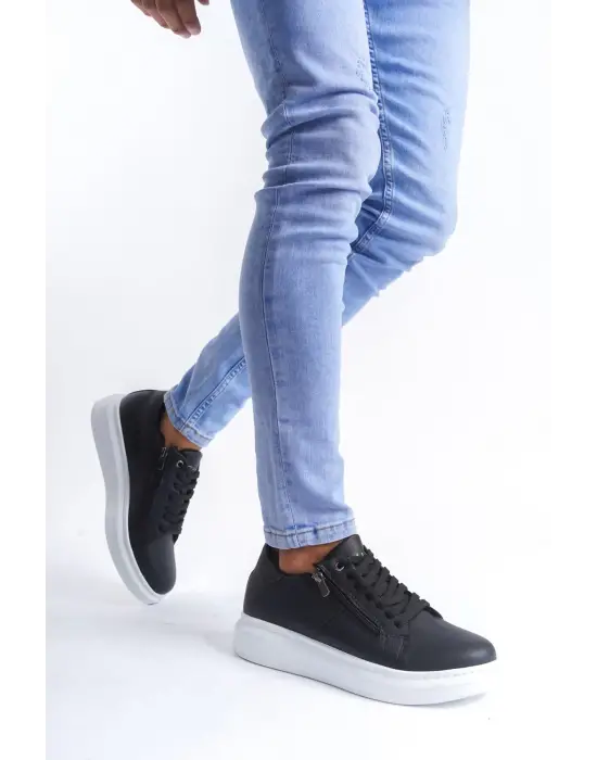 Warrior Bağcıklı ve Fermuarlı Cilt Erkek Günlük Sneaker Siyah Ayakkabı