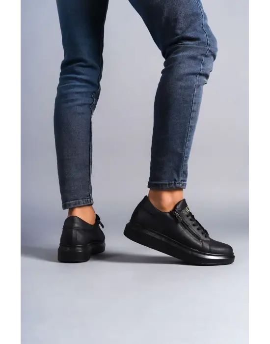 Tb155 Warrior Bağcıklı Ve Fermuarlı Cilt Erkek Günlük Sneaker Ayakkabı Cst - Siyah