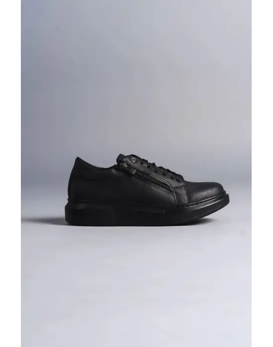 Warrior Bağcıklı ve Fermuarlı Cilt Erkek Günlük Sneaker Siyah Ayakkabı