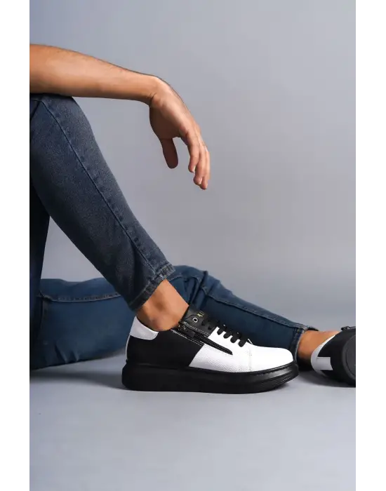 Tb155 Warrior Bağcıklı Ve Fermuarlı Cilt Erkek Günlük Sneaker Ayakkabı Cst - Siyah/beyaz