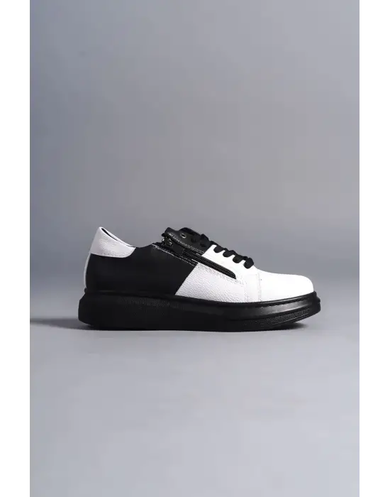 Warrior Bağcıklı ve Fermuarlı Cilt Erkek Günlük Sneaker Siyah-Beyaz Ayakkabı