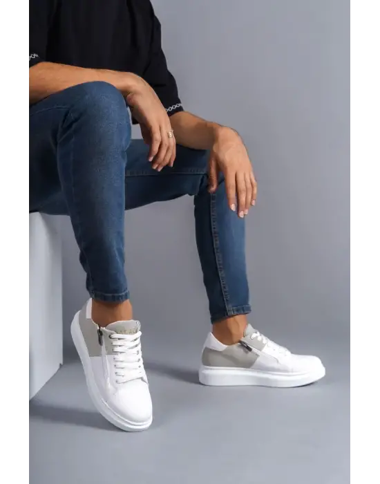 Tb155 Warrior Bağcıklı Ve Fermuarlı Cilt Süet Erkek Günlük Sneaker Ayakkabı Csbt - Beyaz/gri