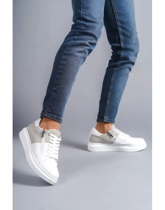 Warrior Bağcıklı ve Fermuarlı Cilt Süet Erkek Günlük Sneaker Beyaz-Gri Ayakkabı