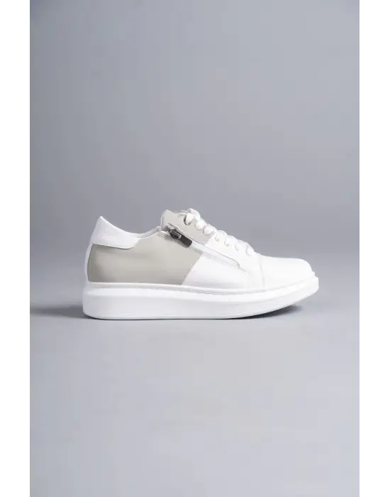 Warrior Bağcıklı ve Fermuarlı Cilt Süet Erkek Günlük Sneaker Beyaz-Gri Ayakkabı