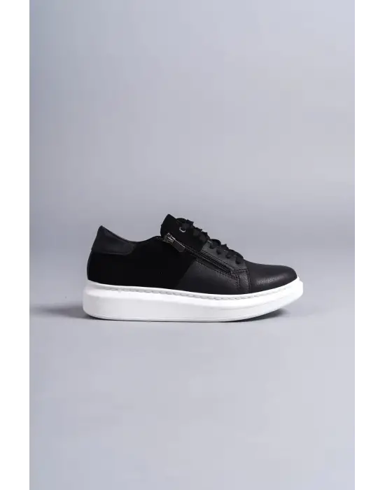 Warrior Bağcıklı ve Fermuarlı Cilt Süet Erkek Günlük Sneaker Siyah Ayakkabı
