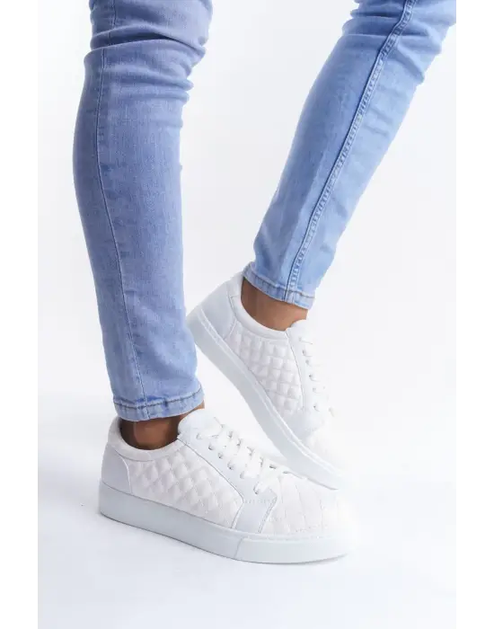 Tb166 Prestige Bağcıklı Cilt Kapitone Desenli Erkek Günlük Sneaker Ayakkabı Cbt - Beyaz