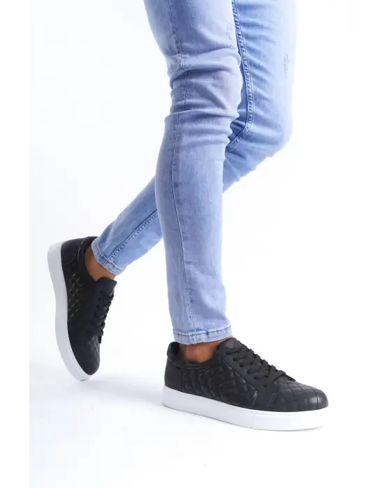 Prestige Bağcıklı Cilt Kapitone Desenli Erkek Günlük Sneaker Siyah Ayakkabı