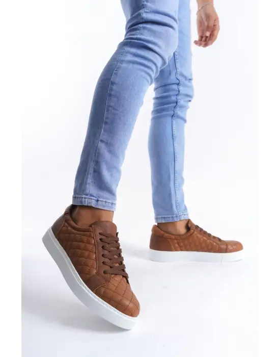 Tb166 Prestige Bağcıklı Cilt Kapitone Desenli Erkek Günlük Sneaker Ayakkabı Cbt - Taba