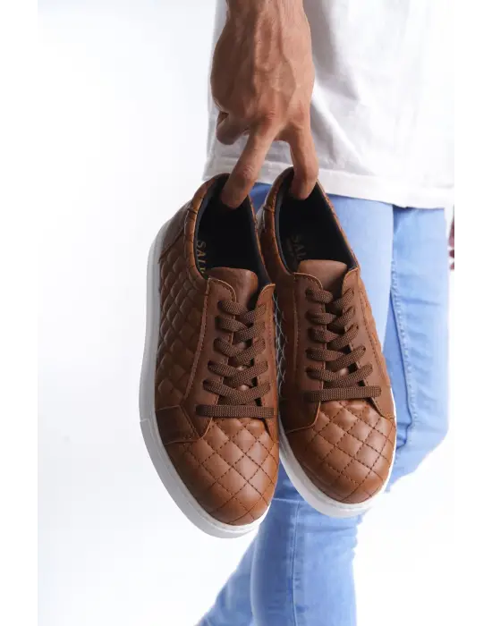 Tb166 Prestige Bağcıklı Cilt Kapitone Desenli Erkek Günlük Sneaker Ayakkabı Cbt - Taba