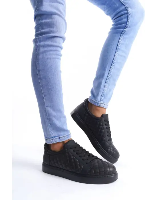 Tb166 Prestige Bağcıklı Cilt Kapitone Desenli Erkek Günlük Sneaker Ayakkabı Cst - Siyah