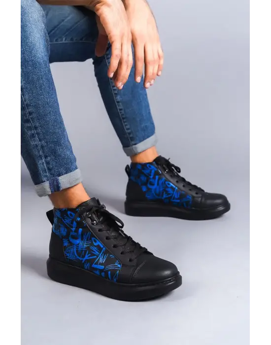 Toronto Bağcıklı Cilt Mavi Desenli Erkek Spor Bot St Siyah