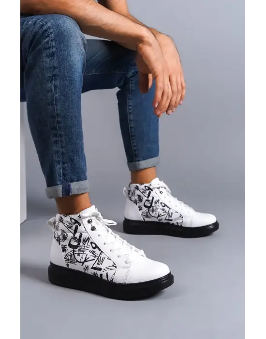 Toronto Bağcıklı Cilt Siyah Desenli Erkek Spor Beyaz Bot