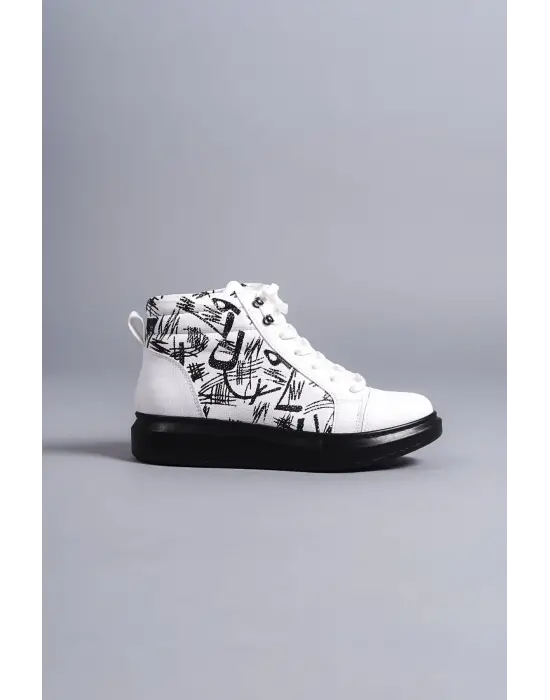 Toronto Bağcıklı Cilt Siyah Desenli Erkek Spor Beyaz Bot