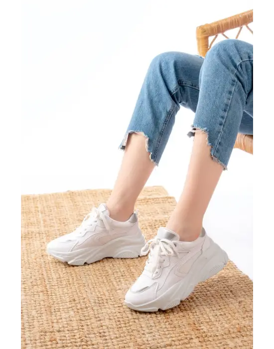 Sp-149 Beyaz Gümüş Bağcıklı Fileli Günlük Spor Ayakkabı