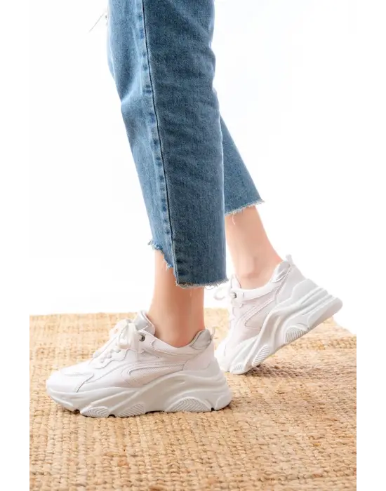 Sp-149 Beyaz Gümüş Bağcıklı Fileli Günlük Spor Ayakkabı