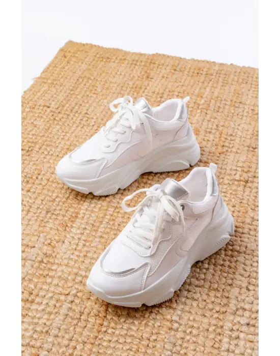 Sp-149 Beyaz Gümüş Bağcıklı Fileli Günlük Spor Ayakkabı