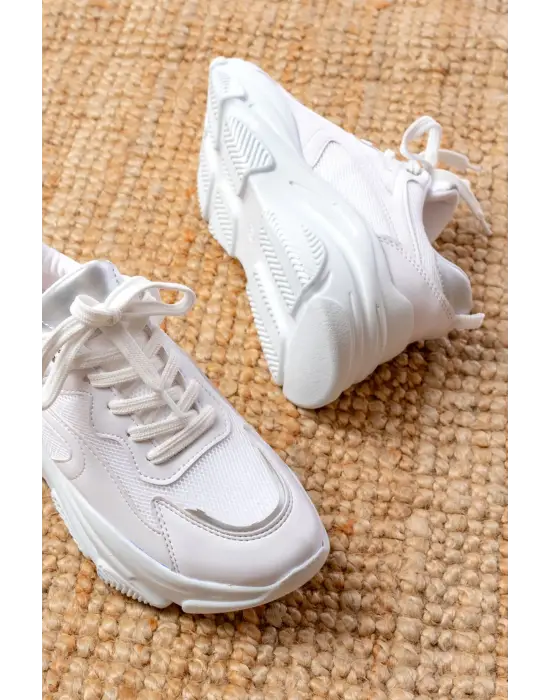 Sp-149 Beyaz Gümüş Bağcıklı Fileli Günlük Spor Ayakkabı