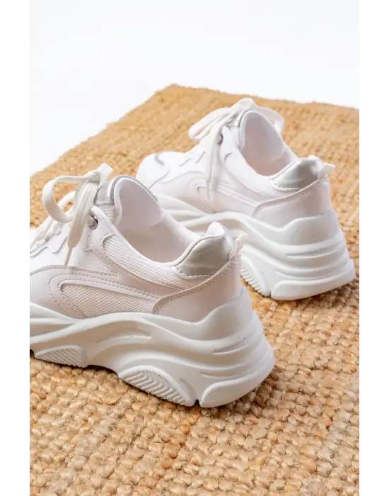 Sp-149 Beyaz Gümüş Bağcıklı Fileli Günlük Spor Ayakkabı