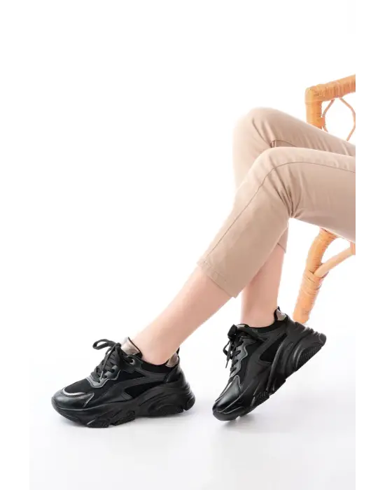 Sp-149 Siyah Platin Bağcıklı Fileli Günlük Spor Ayakkabı