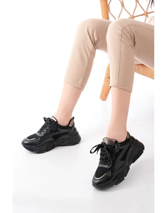 Sp-149 Siyah Platin Bağcıklı Fileli Günlük Spor Ayakkabı