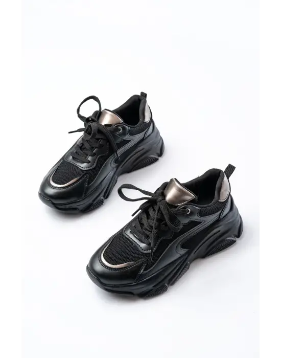 Sp-149 Siyah Platin Bağcıklı Fileli Günlük Spor Ayakkabı