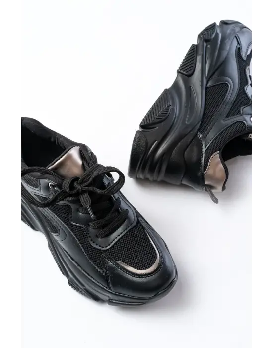 Sp-149 Siyah Platin Bağcıklı Fileli Günlük Spor Ayakkabı