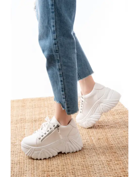 Sp-156 Beyaz Bağcıklı Fermuarlı Yüksek Taban Günlük Spor Ayakkabı